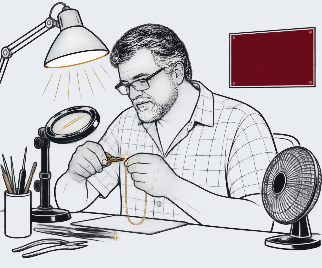 Dibujo lineal de Pedro en su banco de reparaciones, arreglando una cadena dorada con pinzas finas bajo la lámpara, junto a una lupa y un pequeño ventilador.