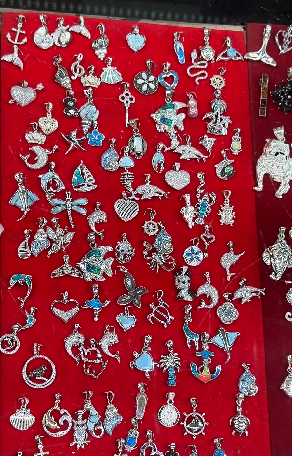 Dijes plateados pequeños sobre terciopelo rojo, muchos con incrustación azul: corazones, tortugas, delfines, anclas y estrellas.